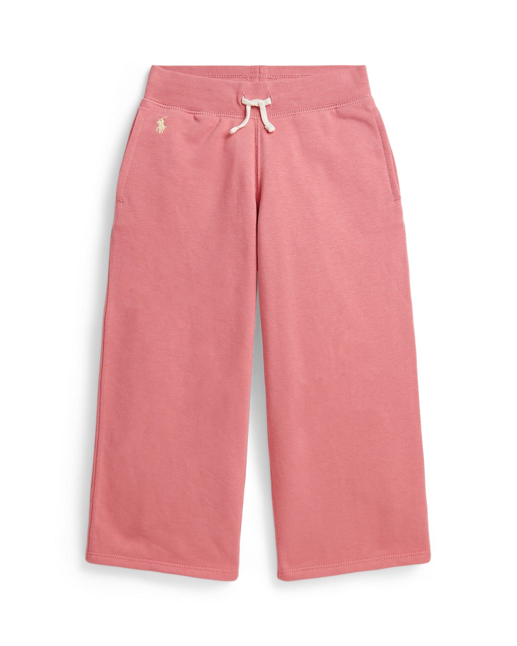 Pink sweatpants with a brand logo on a white background