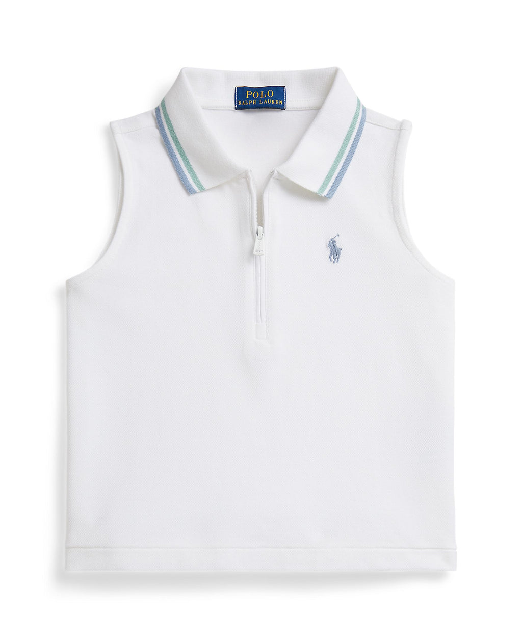 White sleeveless polo shirt with blue trim and Ralph Lauren logo on a white background