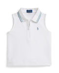 White sleeveless polo shirt with blue trim and Ralph Lauren logo on a white background