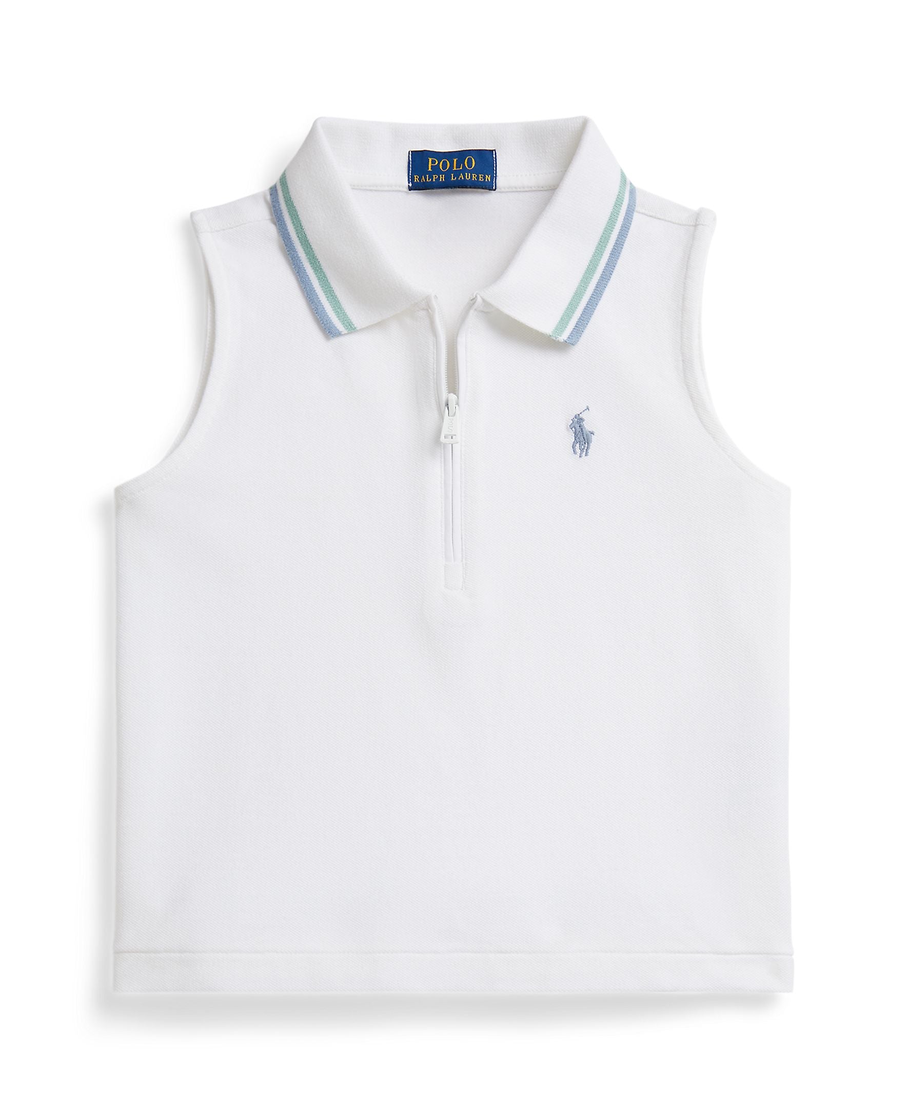 White sleeveless polo shirt with blue trim and Ralph Lauren logo on a white background