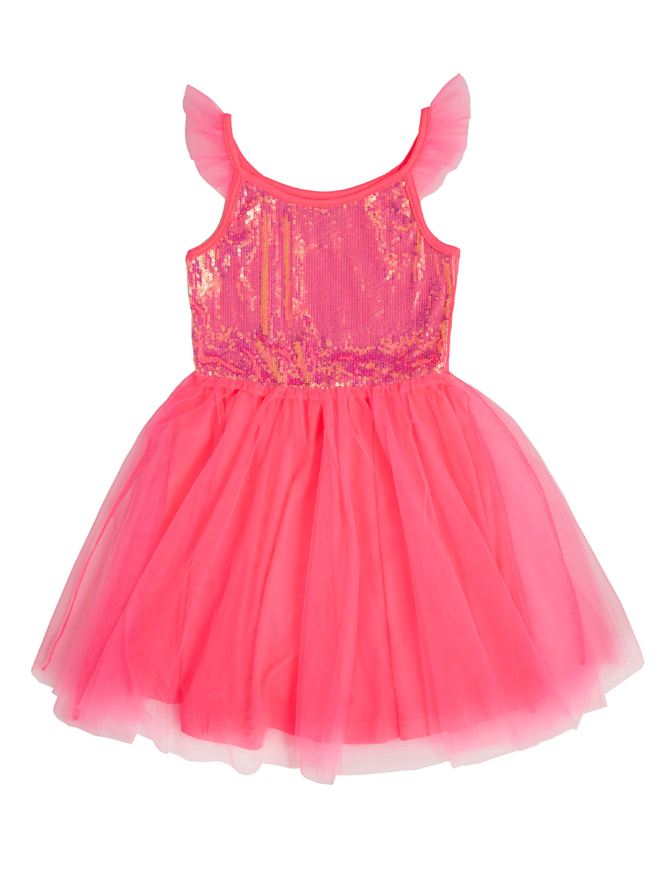 A pink sequin dress with a full tulle skirt.