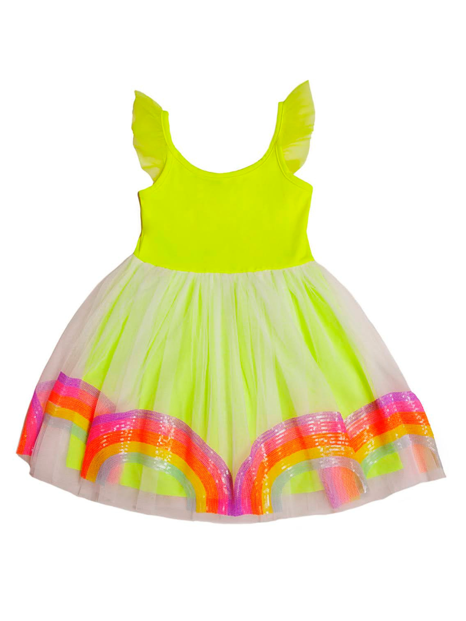 A neon yellow dress with a full skirt and rainbow sequin trim.