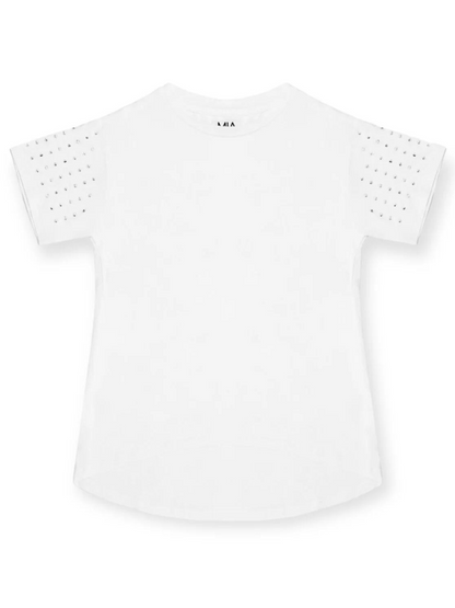 A white t-shirt with studded shoulders.