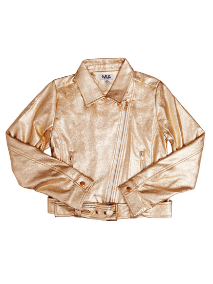A cropped moto jacket in metallic fabric with a zip-up front closure.