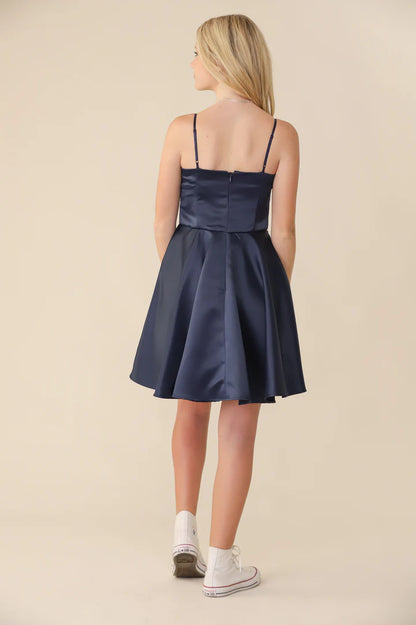 UDT Fit & Flare Glitter Navy Satin Party Dress w/Straps