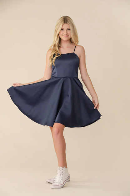 UDT Fit & Flare Glitter Navy Satin Party Dress w/Straps