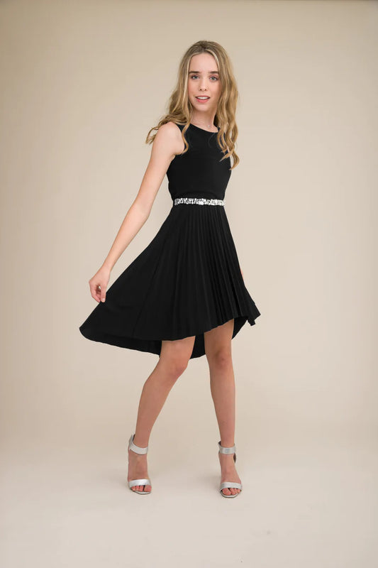 UDT Pleated High Low Dress _Black T2878K-BLK