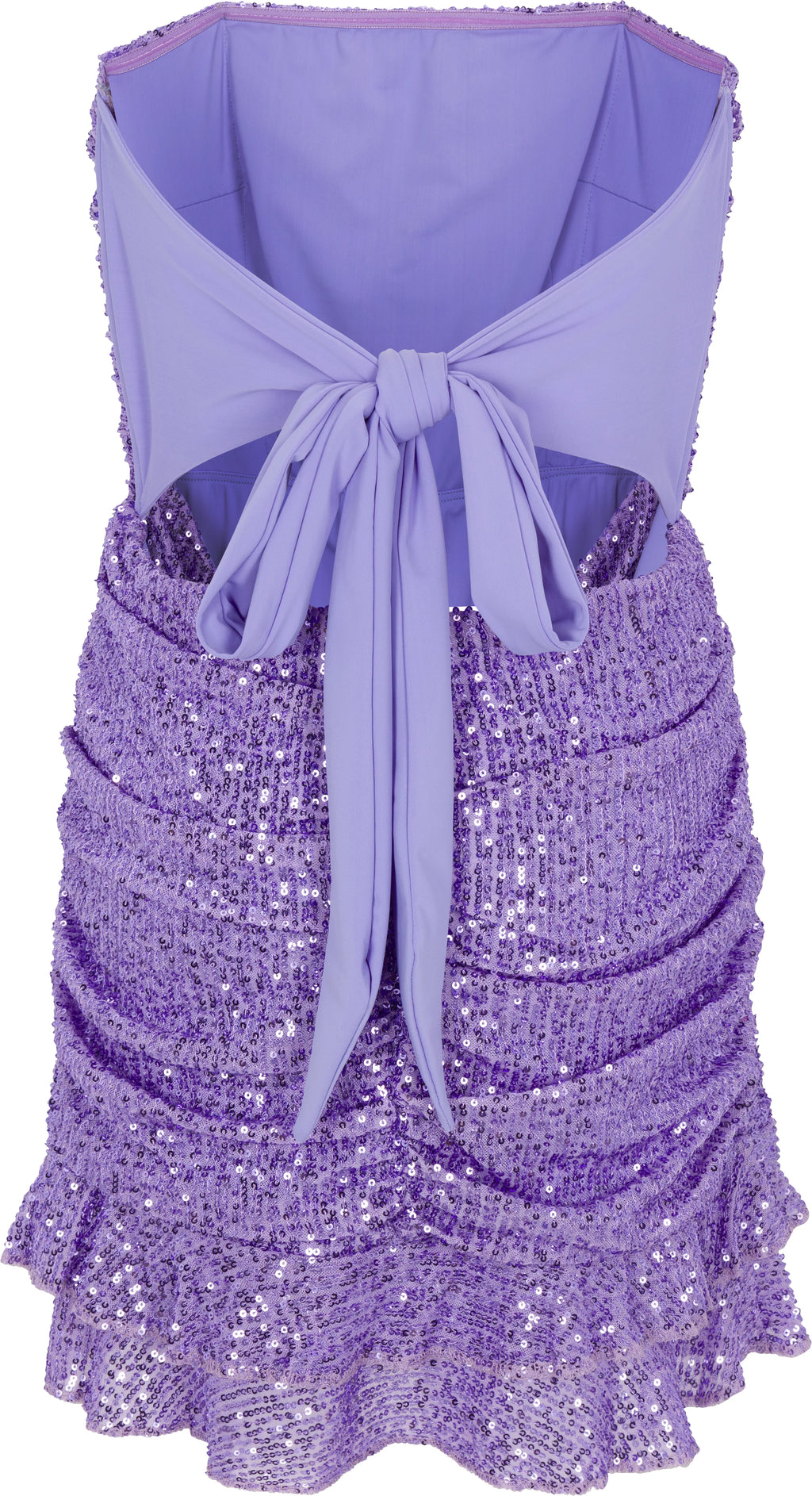Purple dress with sequin skirt and bow detail on a white background