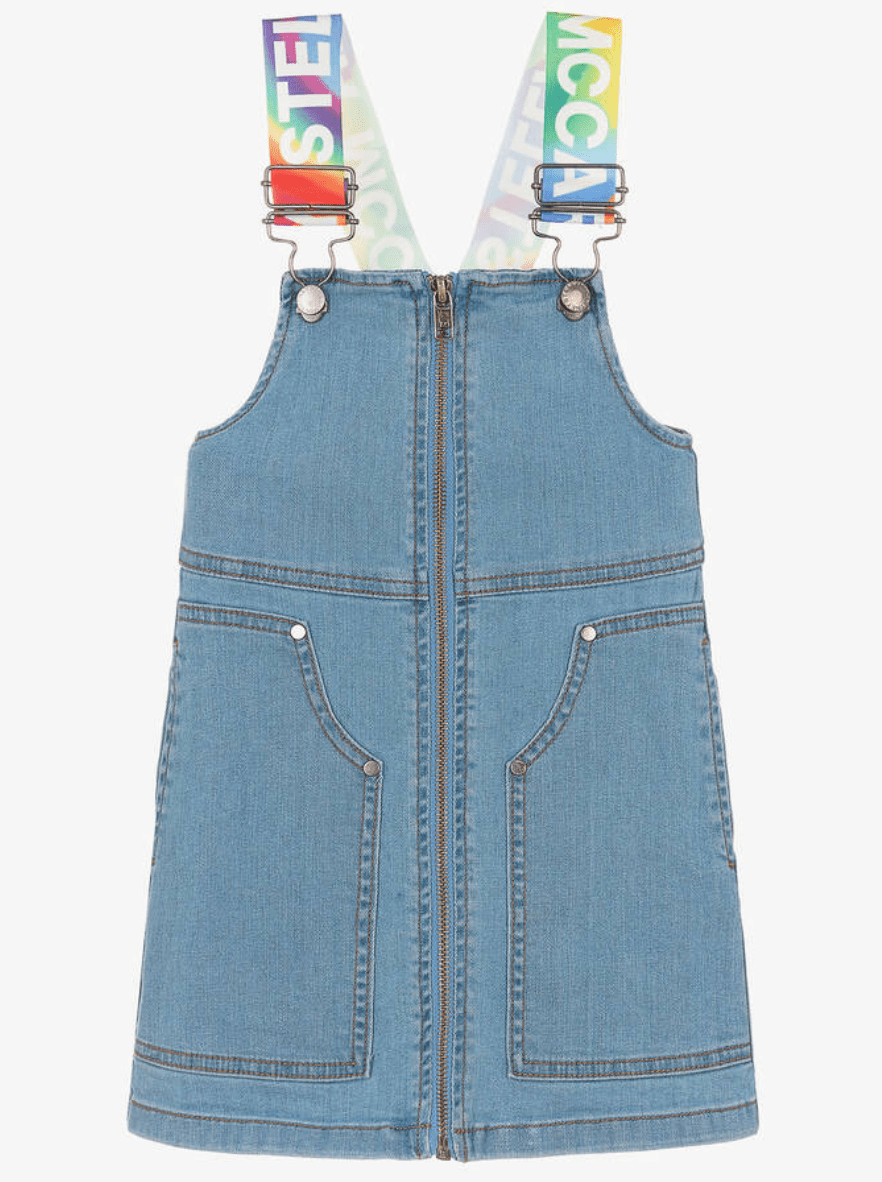 Stella McCartney Blue Denim Dungaree Dress With Rainbow Logo Tape NorthGirls Stella McCartney Blue Denim Dungaree Dress With Rainbow Logo Tape NorthGirls