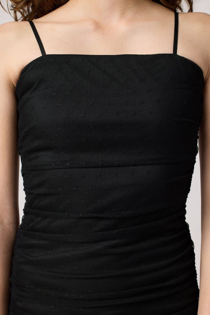 UDT Black Rouched Dotted Mesh Dress - NorthGirls