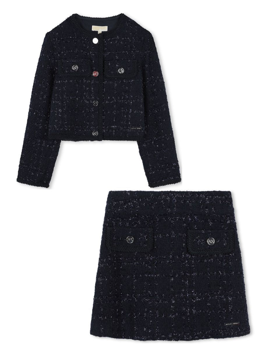 Girls Button Up Tweed Jacket and Tweed Short Skirt Set