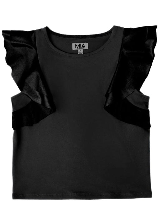 Teen Girls Black Flutter Short Sleeve Top