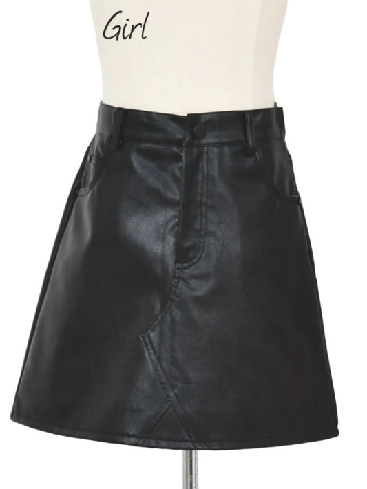 Girls Black Leather Skirt With Pockets