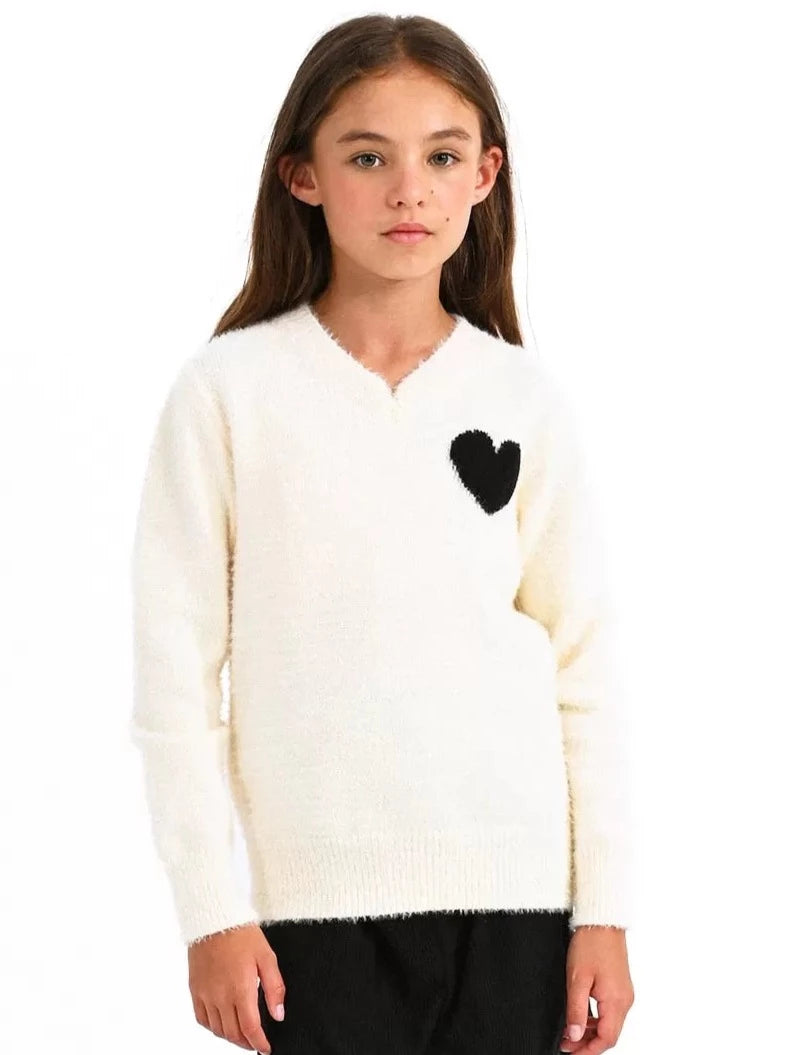 Mini Molly Off White V-Neck Sweater w heart _MMLA1373BN23-0311
