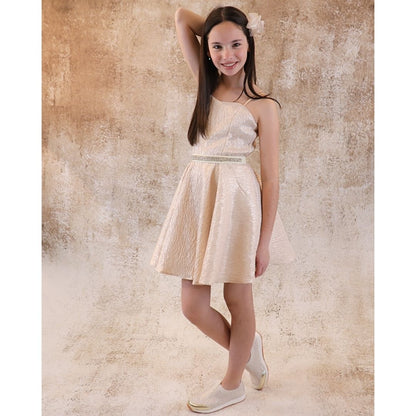 UDT Fit & Flare Textured Party Dress w/Straps _Gold Pink K5096-813
