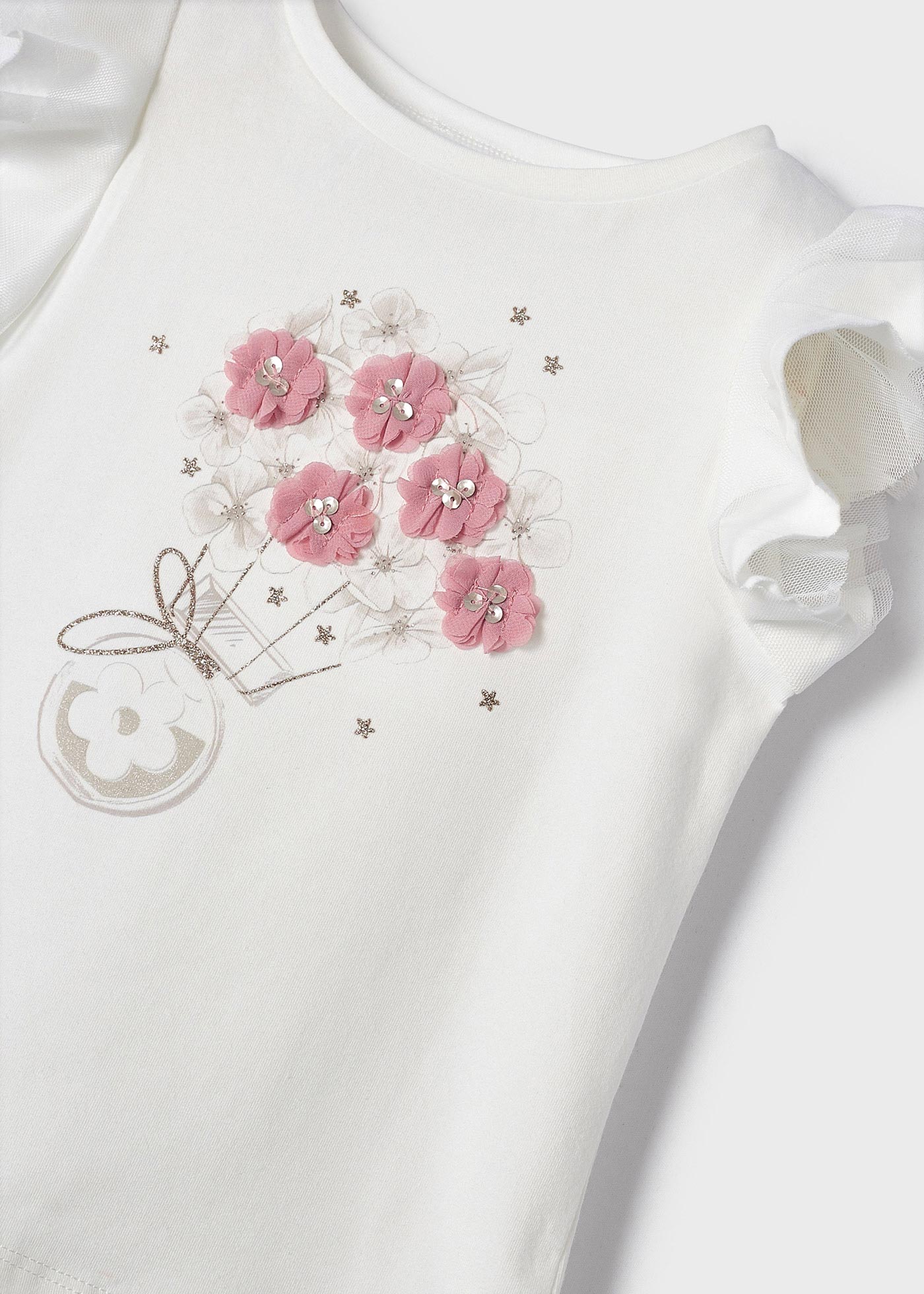 Mayoral Mini T-Shirt w/Tulle & Flower Graphic _Off White/Pink 3054-81