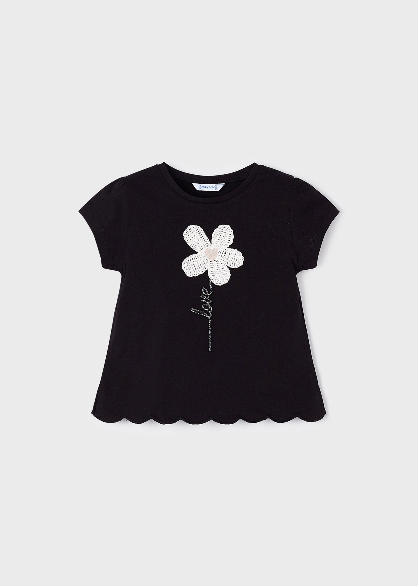 Mayoral Mini T-Shirt w/Flower Graphic & Scallop Hem _Black 3060-64