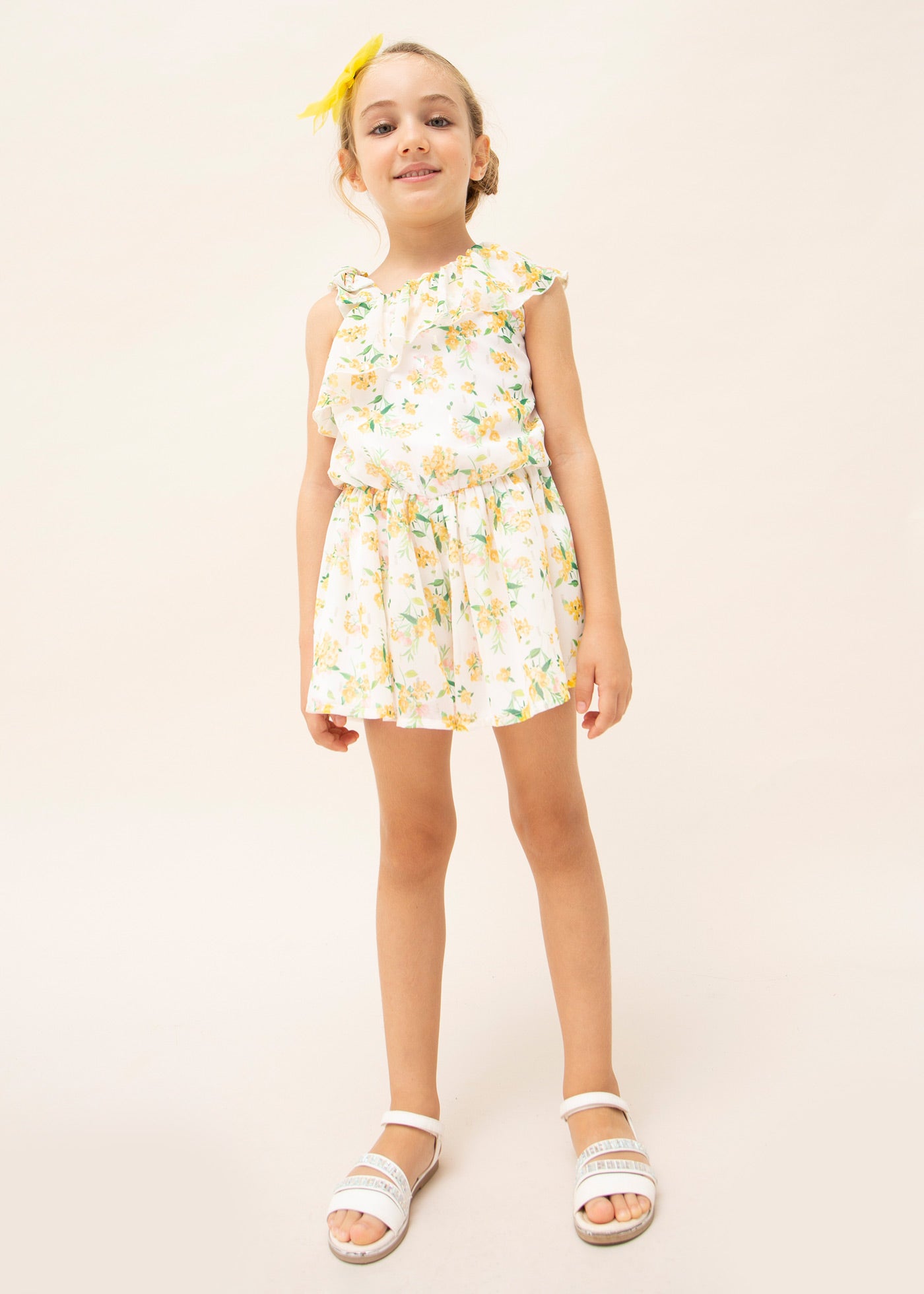 Mayoral Mini Off The Shoulder Jumpsuit Shorts _White/Yellow 3842-26