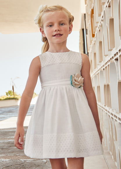 Mayoral Mini Sleeveless Dress w/Flower & Lace _Off White 3910-10