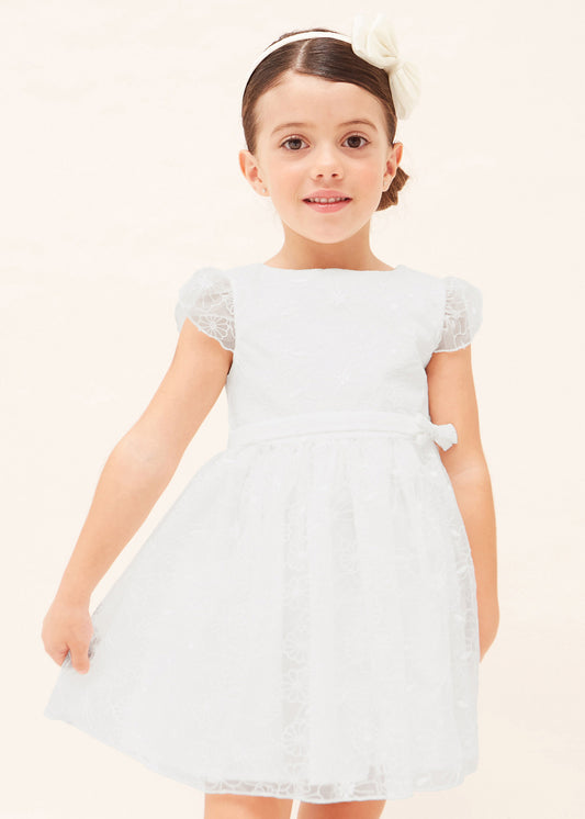 Mayoral Mini Cap Sleeve Dress w/Floral Lace Overlay _White 3911-14