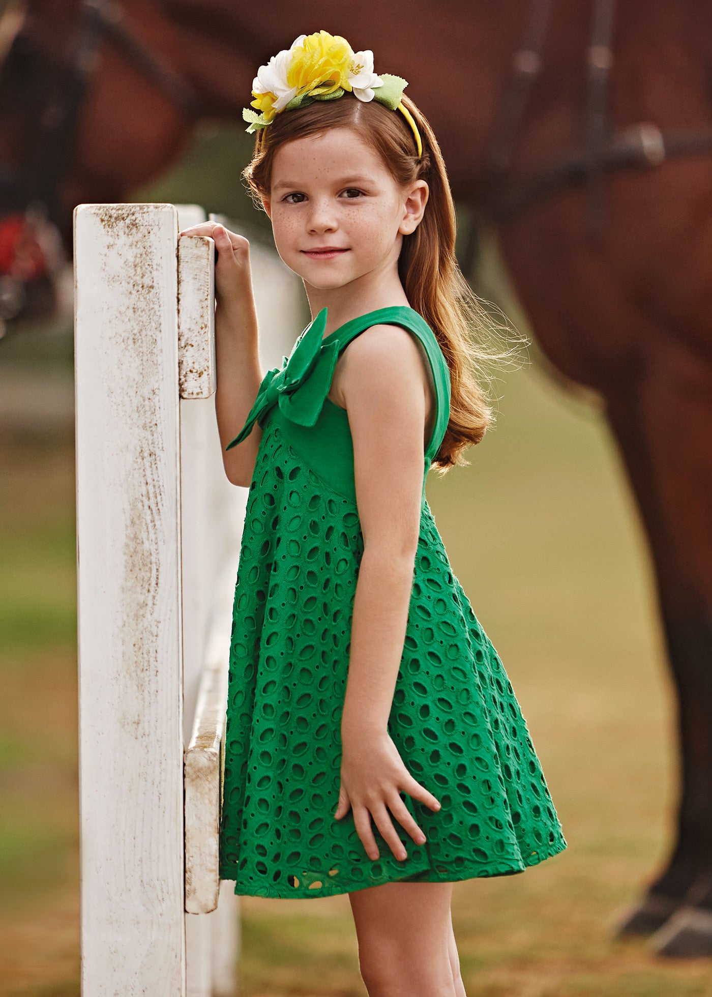 Mayoral Mini Sleeveless Dress w/Eyelet Lace Overlay & Bow _Green 3916-42