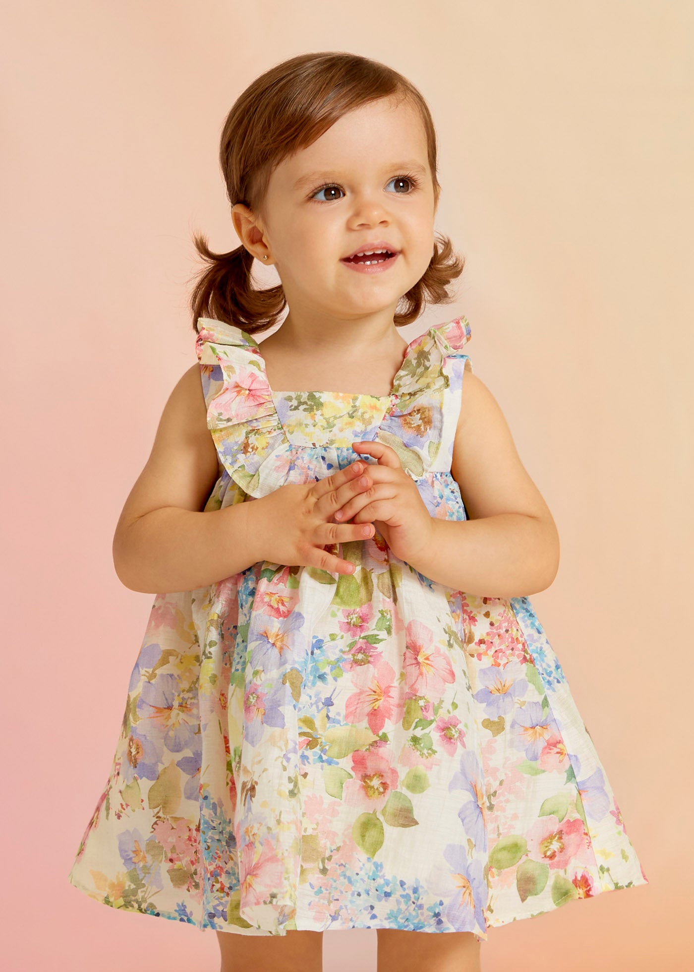 Abel & Lula Baby Sleeveless Ruffle Neck Dress w/Floral Pattern _Cream 5004-003