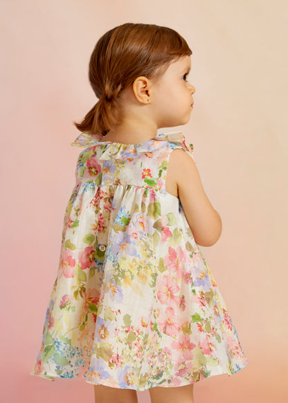 Abel & Lula Baby Sleeveless Ruffle Neck Dress w/Floral Pattern _Cream 5004-003