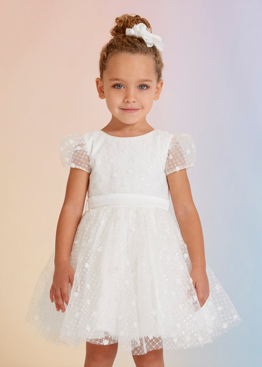 Abel & Lula Cap Sleeve Tulle Sequin Dress w/Belt _White 5023-042