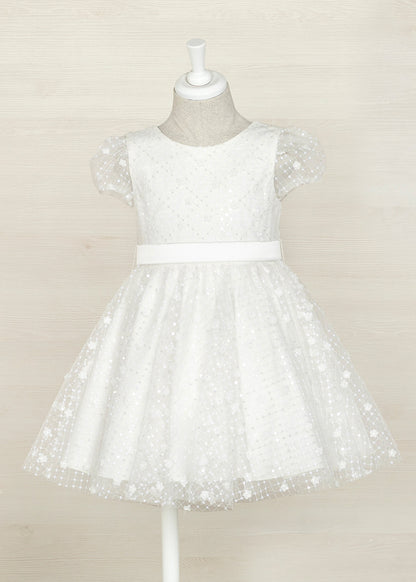 Abel & Lula Cap Sleeve Tulle Sequin Dress w/Belt _White 5023-042
