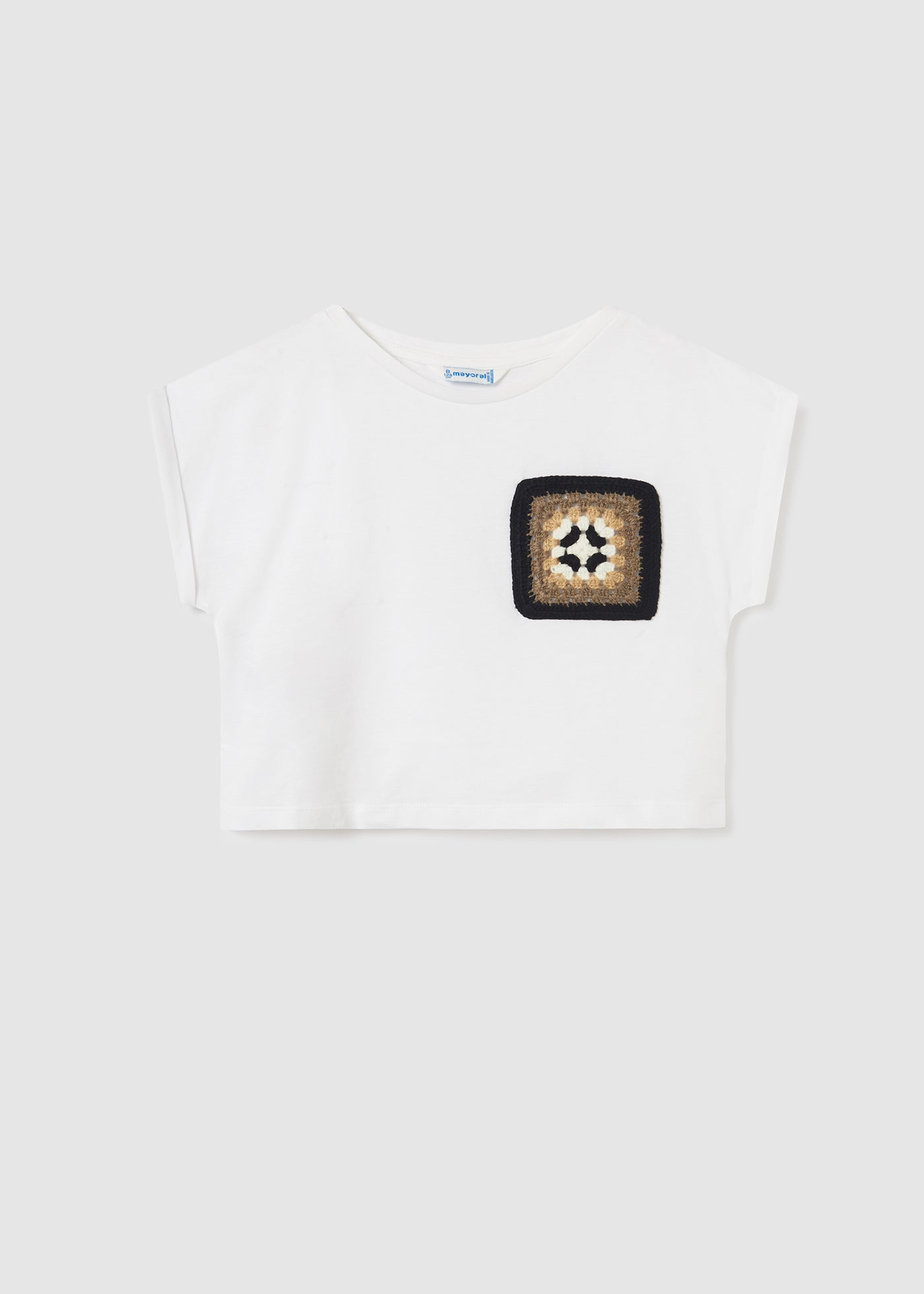Mayoral Junior Cropped T-Shirt w/Granny Square Applique _Off White 6047-023