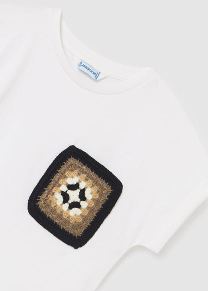 Mayoral Junior Cropped T-Shirt w/Granny Square Applique _Off White 6047-023