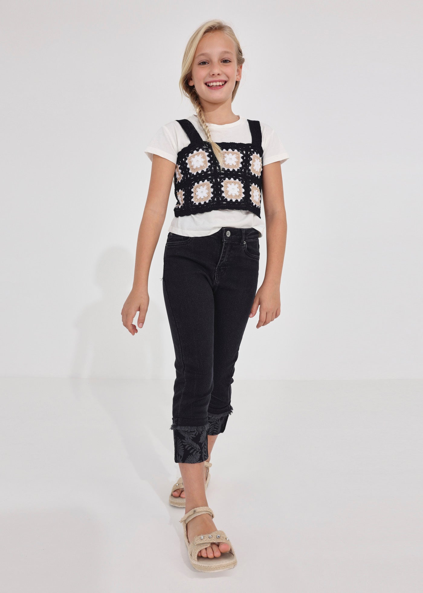 Mayoral Junior Cropped T-Shirt w/Granny Square Overlay _Off White 6066-070