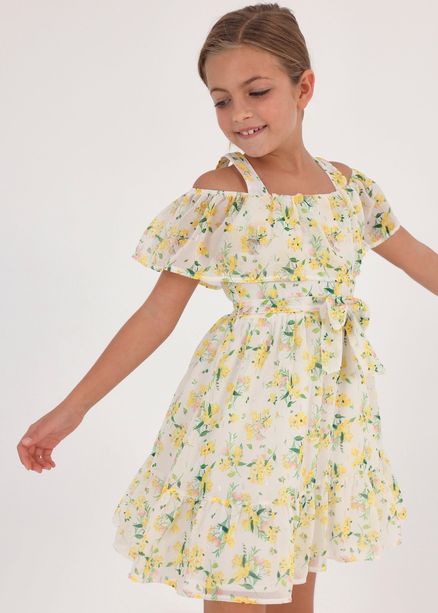 Mayoral Junior Off The Shoulder Dress w/Floral Pattern _White/Yellow 6913-019