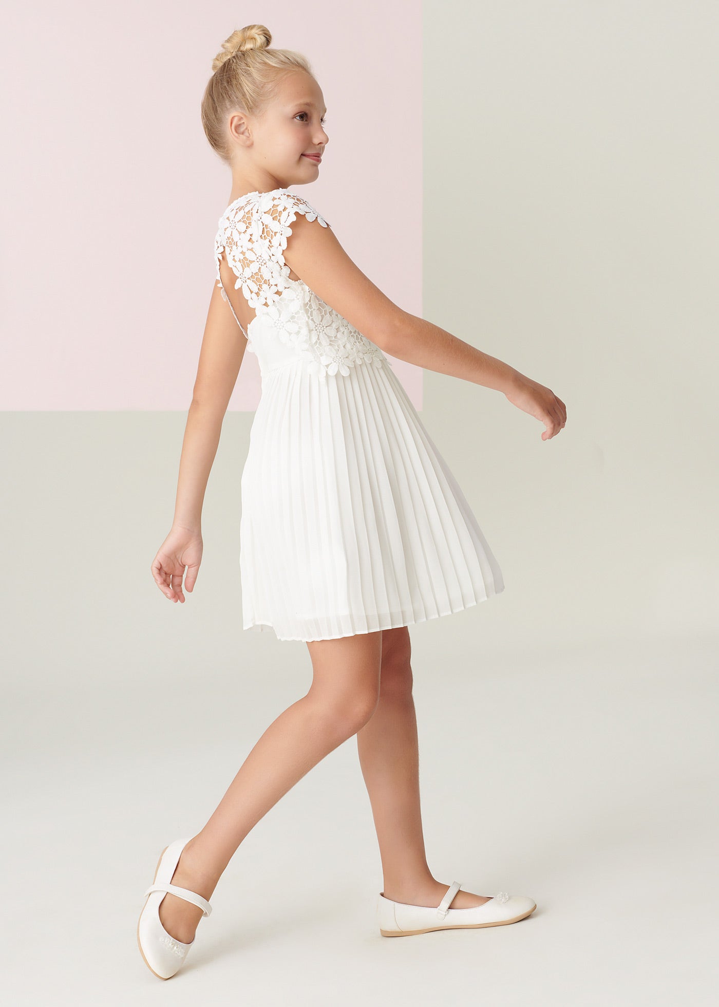 Mayoral Junior S/S Dress w/Lace Overlay & Pleated Skirt _Off White 6916-078