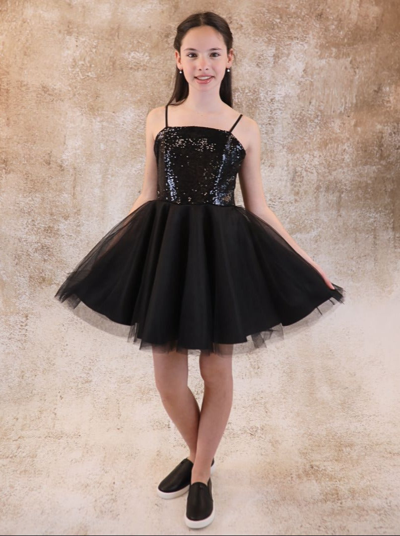 UDT Sequin & Tulle Party Dress w/Straps _Black K5084-BLK
