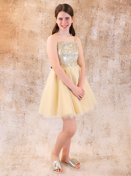 UDT Sequin & Tulle Party Dress w/Straps _Gold K5084-GLD