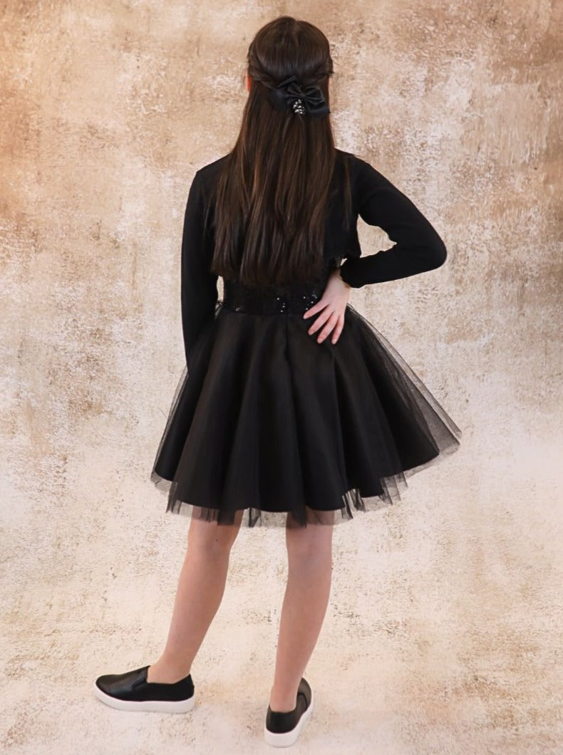 UDT Sequin & Tulle Party Dress w/Straps _Black K5084-BLK