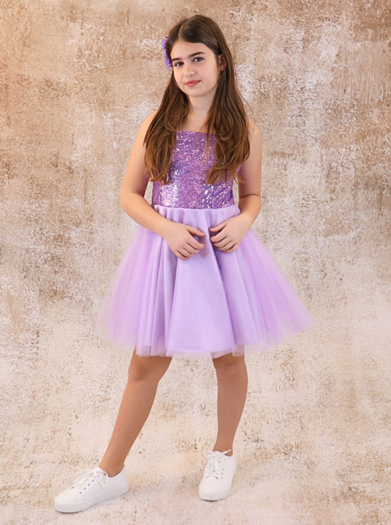 UDT Sequin & Tulle Party Dress w/Straps _Lilac K5084-LLC
