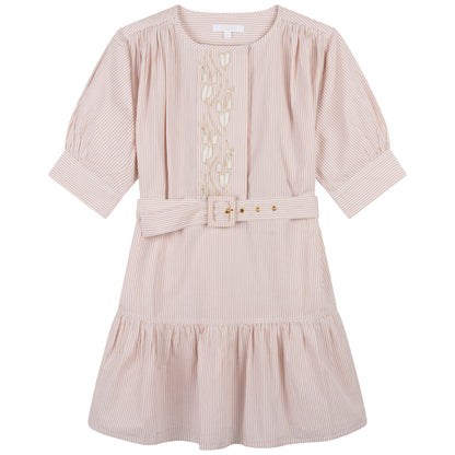 Chloe Short Puff Sleeve Dress With Belt - Pink and White C12870-Z64