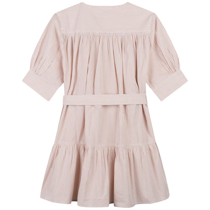 Chloe Short Puff Sleeve Dress With Belt - Pink and White C12870-Z64