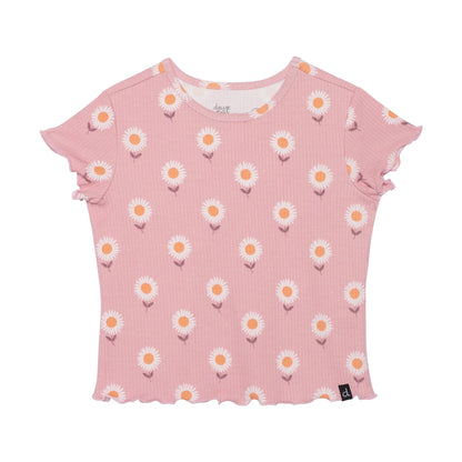 Deux Par Deux Ribbed T-Shirt w/Daisies _Pink E30YM70-074