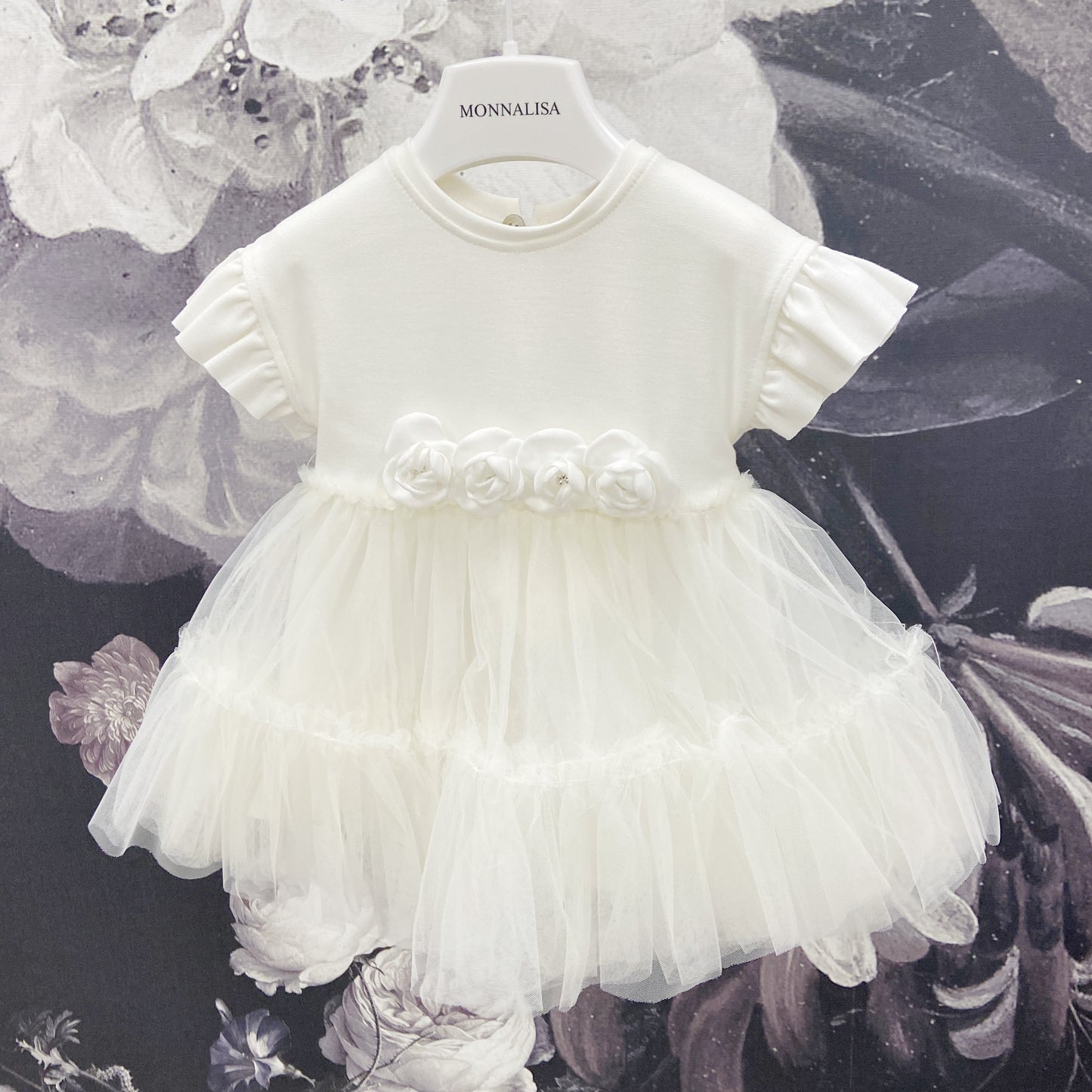 Monnalisa Baby Midi Short Sleeve Tulle Dress_ Cream 739903