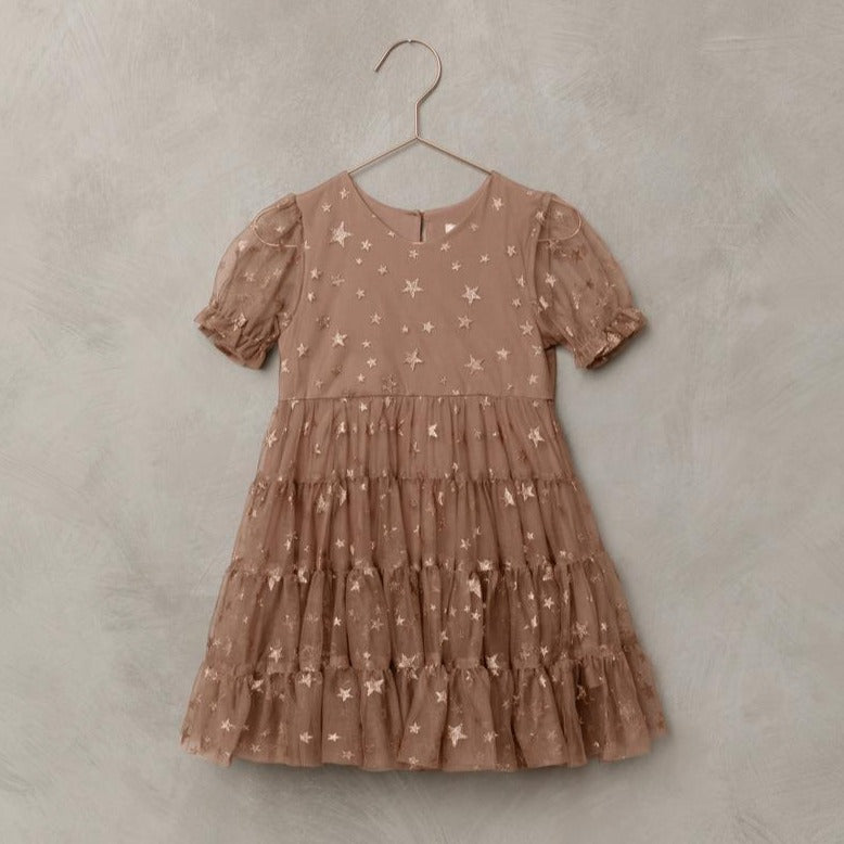 This pretty metallic star Mocha tulle dress with tiered skirt and puff sleeves is the perfect party dress.