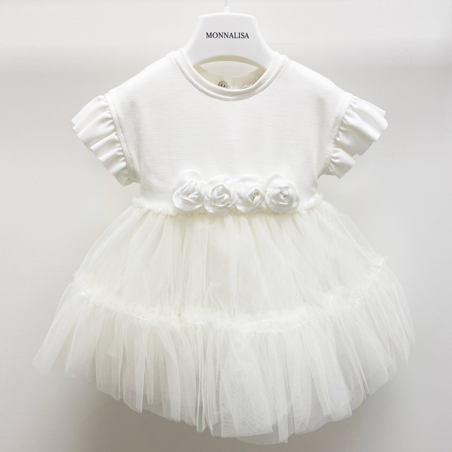 Monnalisa Baby Midi Short Sleeve Tulle Dress_ Cream 739903