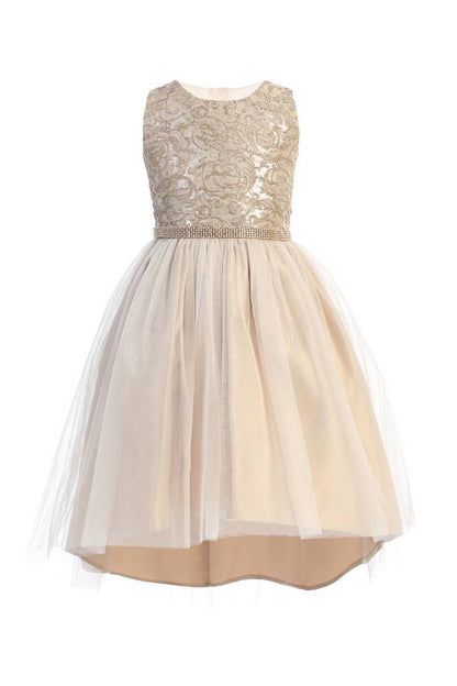 Sweet Kids Lux Jacquard Crystal Tulle Hi-Low Dress Mocha SK805