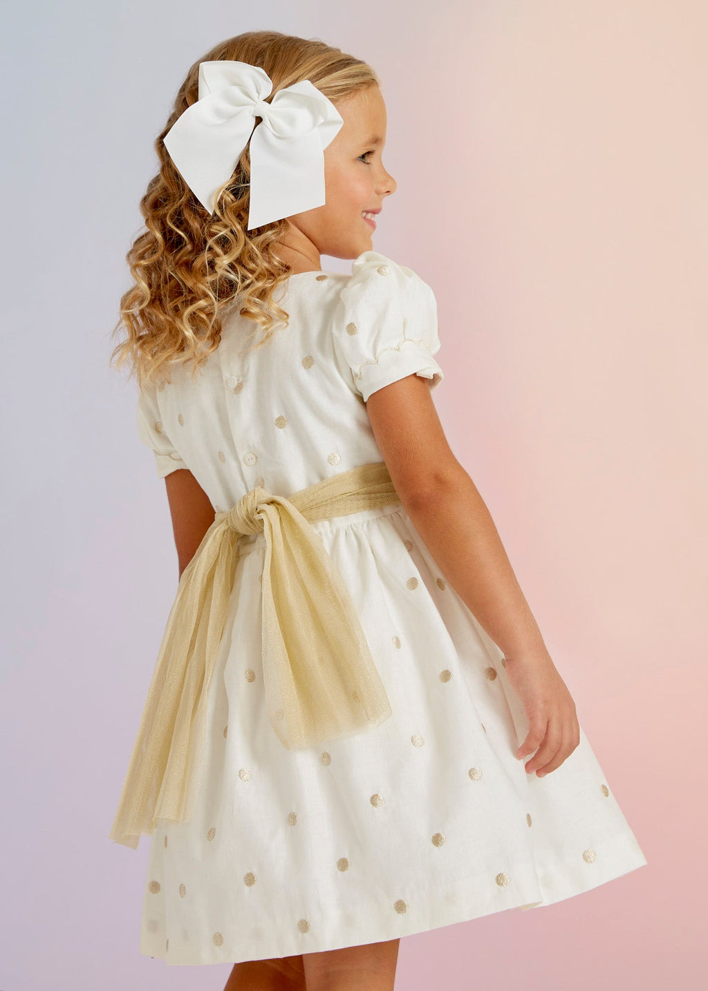 Abel & Lula Cap Sleeve Polka Dot Tulle Dress w/Belt _White 5025 - 009 - NorthGirls