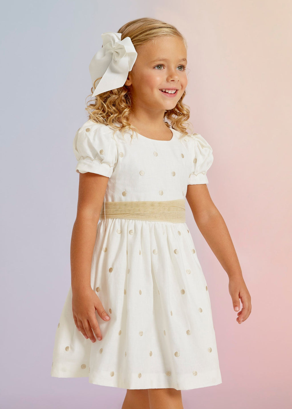 Abel & Lula Cap Sleeve Polka Dot Tulle Dress w/Belt _White 5025 - 009 - NorthGirls