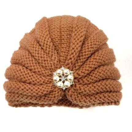 BabyRose Knit Head Wrap with Faux Pearl & Crystal- Apricot_Baby