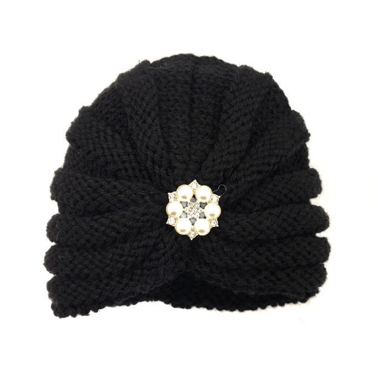 BabyRose Knit Head Wrap with Faux Pearl & Crystal- Black_Baby